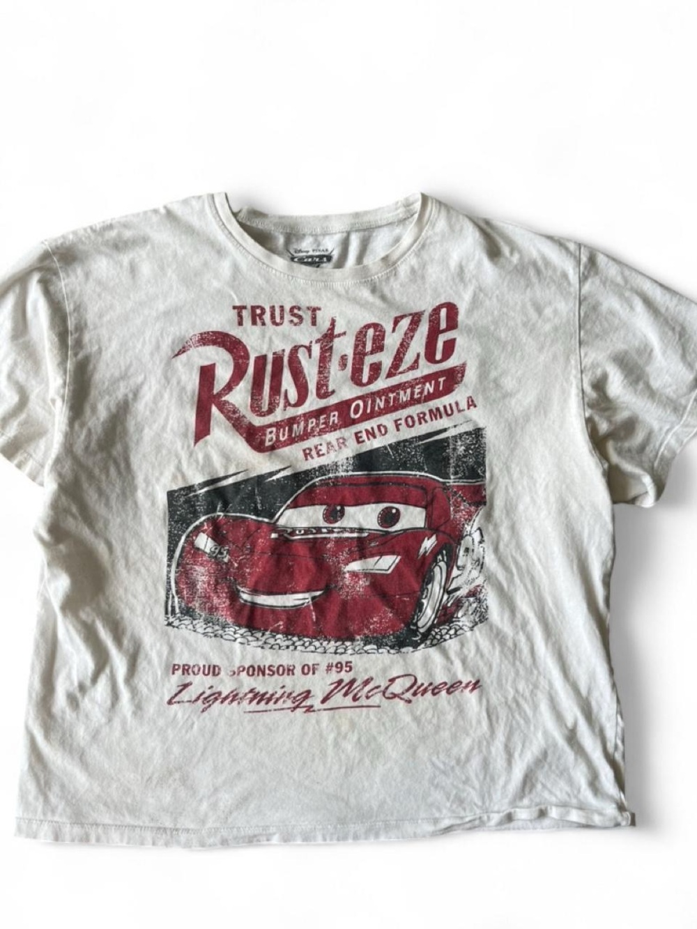 Disney White Tee with Red Lightning McQueen Rust-eze Graphic